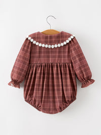 Brown Plaid Floral Lace Collar Romper