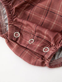 Brown Plaid Floral Lace Collar Romper