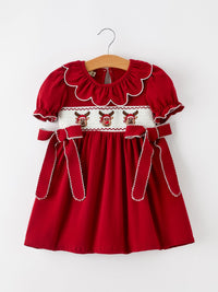 Reindeer Smocked Red Bow Dress
