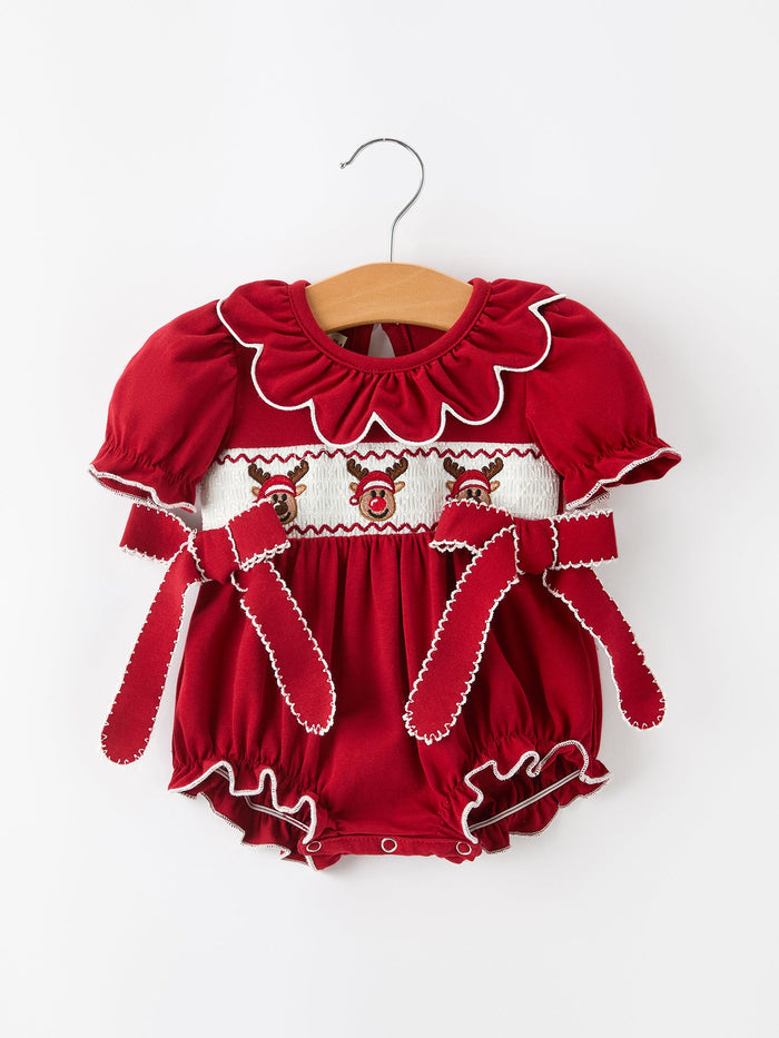 Baby Girls Christmas Reindeer Smocked Bubble Romper