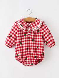 Christmas Tree Embroidered Red Plaid Baby Girls Ruffle Collar Romper