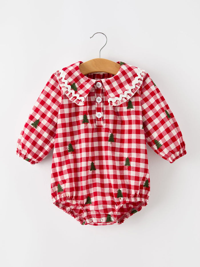 Christmas Tree Embroidered Red Plaid Baby Girls Ruffle Collar Romper