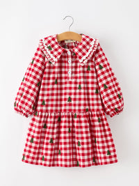 Christmas Tree Embroidered Plaid Girls Ruffle Collar Dress