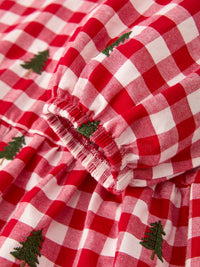 Christmas Tree Embroidered Plaid Girls Ruffle Collar Dress