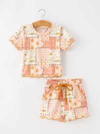 Pumpkin Patchwork Girls Top And Shorts Outfit