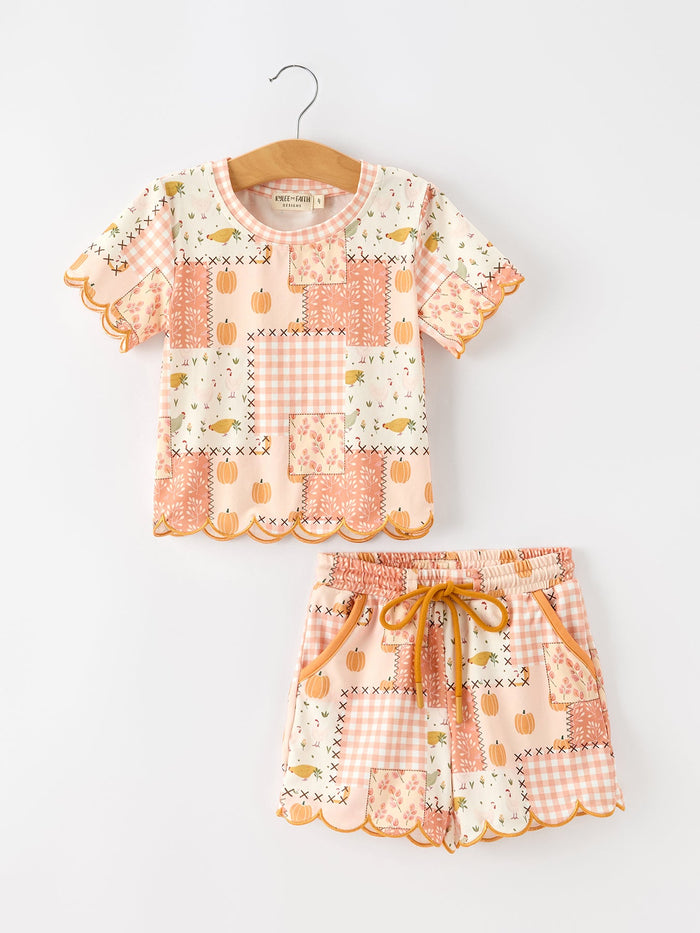 Pumpkin Patchwork Girls Top And Shorts Outfit