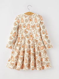 Christmas Gingerbread Cookie Girls Long Sleeve Twirl Dress