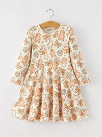 Christmas Gingerbread Cookie Girls Long Sleeve Twirl Dress