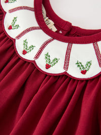 Christmas Holly Embroidered Baby Romper Petals Collar Ruffle
