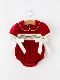 Christmas Velvet Baby Romper Smocked Embroidery Bow