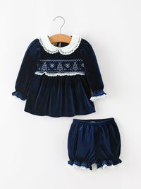 Navy Velvet Smocked Top And Bloomers Outfit