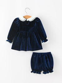 Navy Velvet Smocked Top And Bloomers Outfit