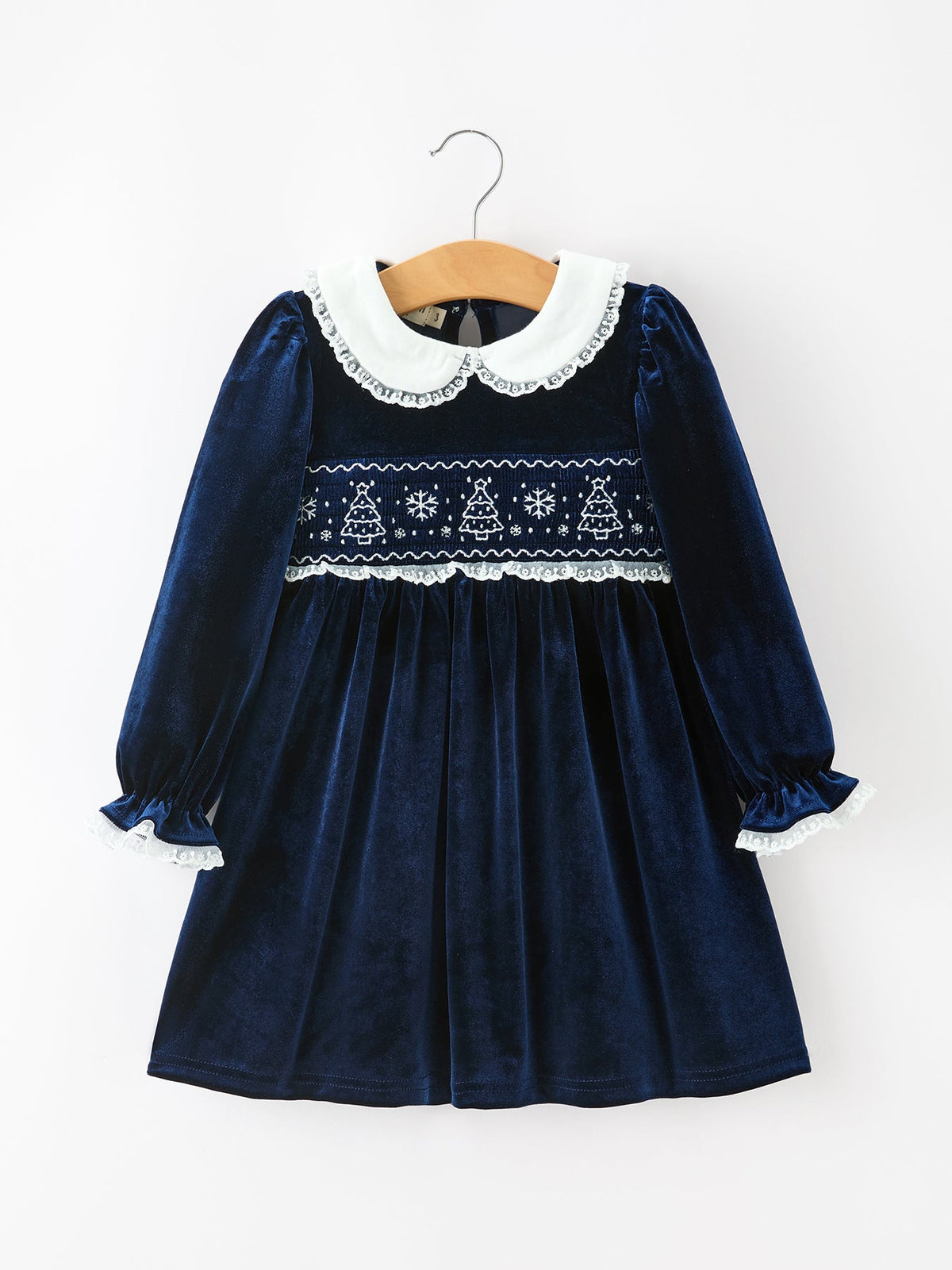 Christmas Tree Navy Velvet Smocked Lace Dress