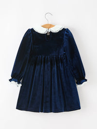 Christmas Tree Navy Velvet Smocked Lace Dress