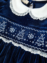 Christmas Tree Navy Velvet Smocked Lace Dress