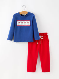 Santa Blue Long Sleeve Shirt And Red Pants Set