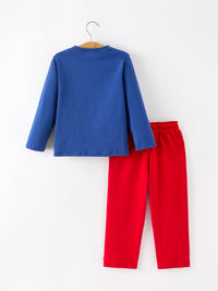 Santa Blue Long Sleeve Shirt And Red Pants Set