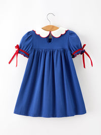 Santa Embroidery Blue Petal Collar Dress