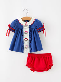 Santa Embroidery Girls Bloomer Set Peter Pan Collar
