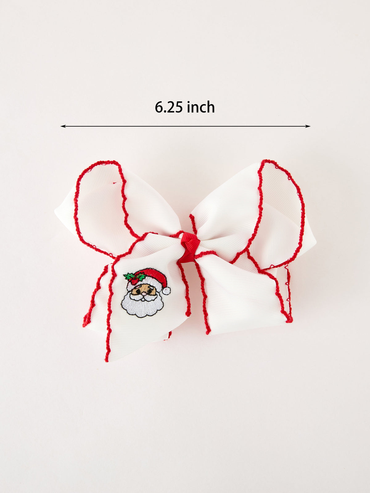 Santa Embroidered 6.25" Hair Bow – White/Pink