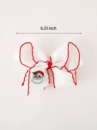 Santa Embroidered 6.25" Hair Bow – White/Pink