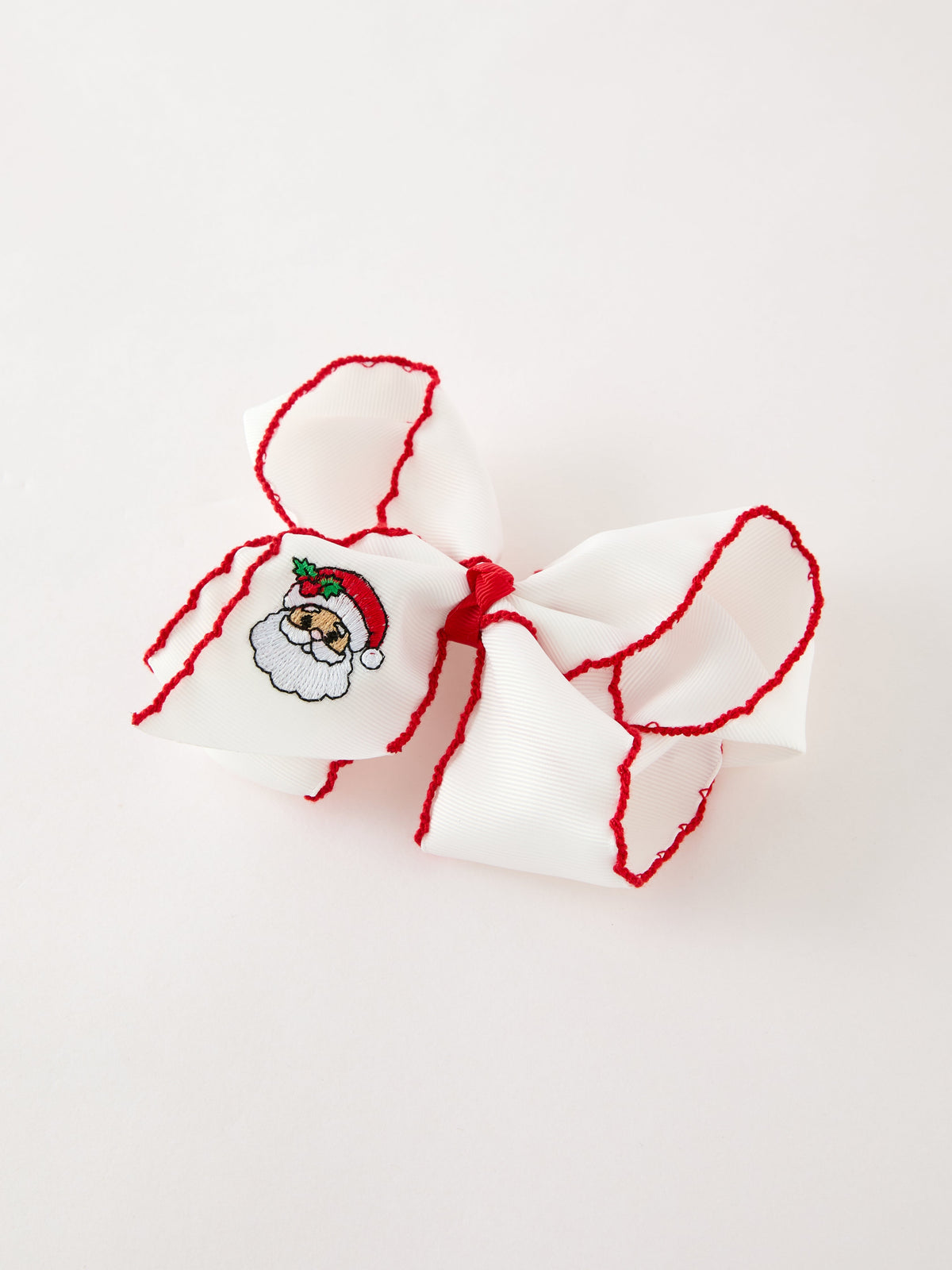 Santa Embroidered 6.25" Hair Bow – White/Pink