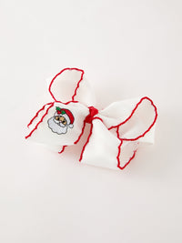 Santa Embroidered 6.25" Hair Bow – White/Pink