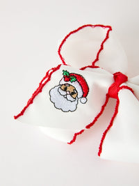 Santa Embroidered 6.25" Hair Bow – White/Pink