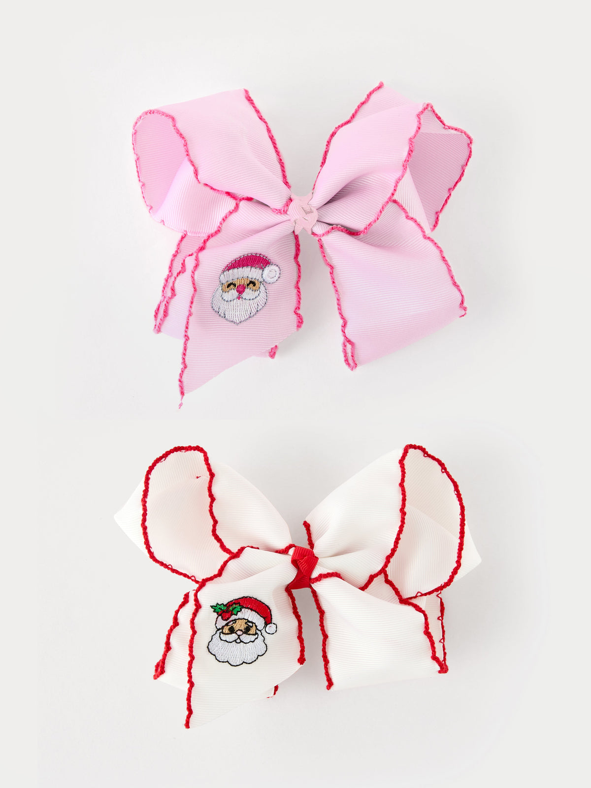 Santa Embroidered 6.25" Hair Bow – White/Pink