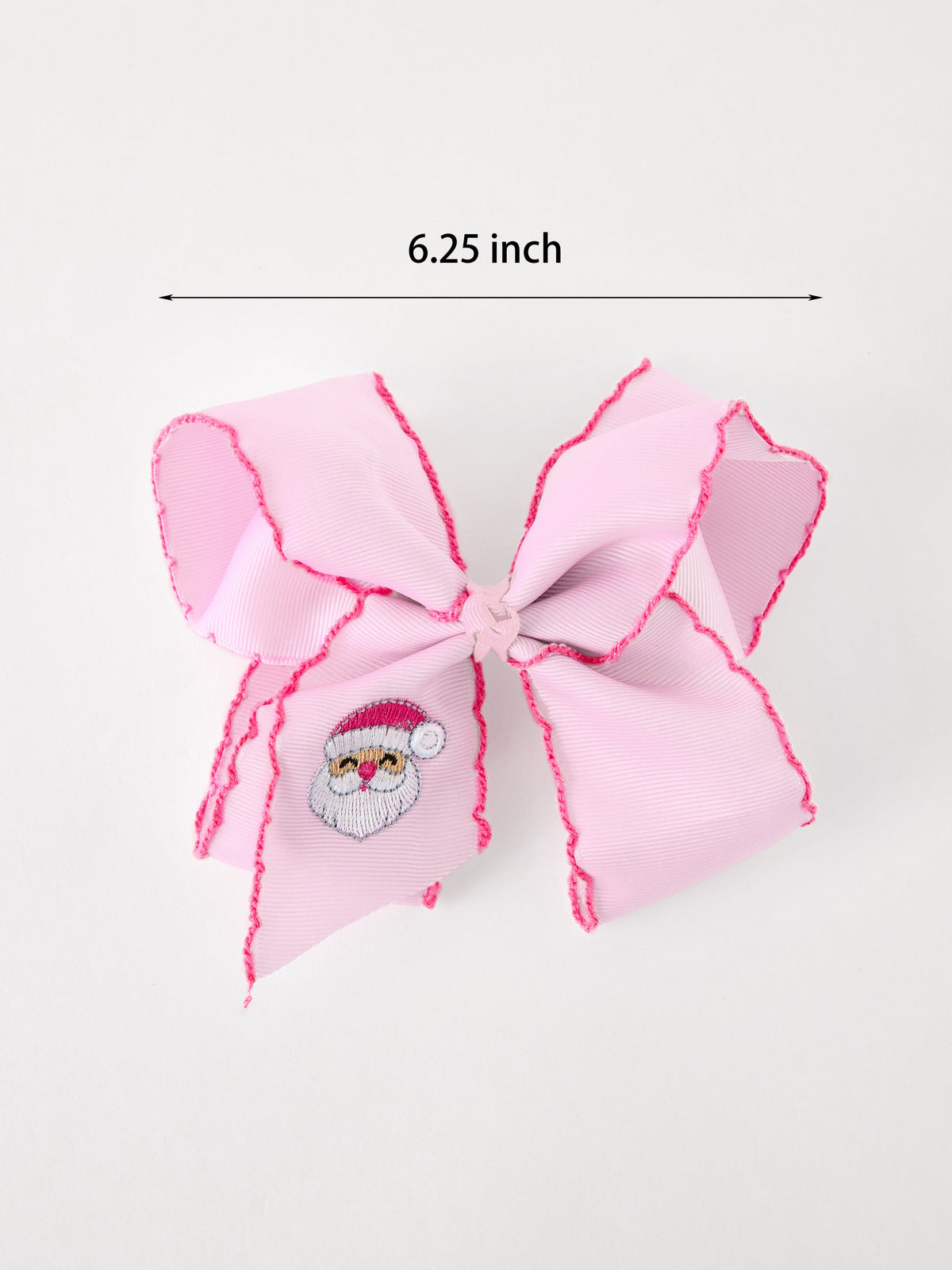 Santa Embroidered 6.25" Hair Bow – White/Pink