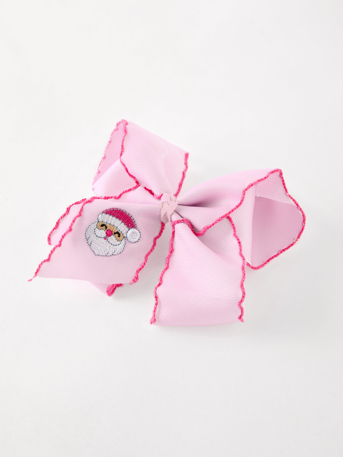 Santa Embroidered 6.25" Hair Bow – White/Pink