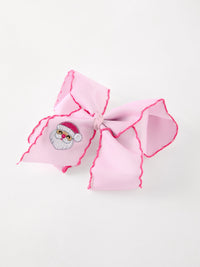 Santa Embroidered 6.25" Hair Bow – White/Pink