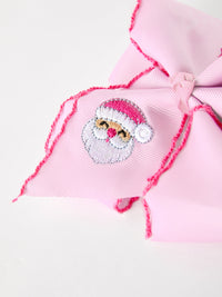 Santa Embroidered 6.25" Hair Bow – White/Pink