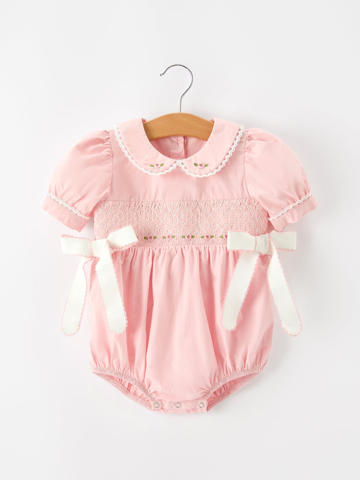 Floral Embroidered Smocked Bow Bubble Romper