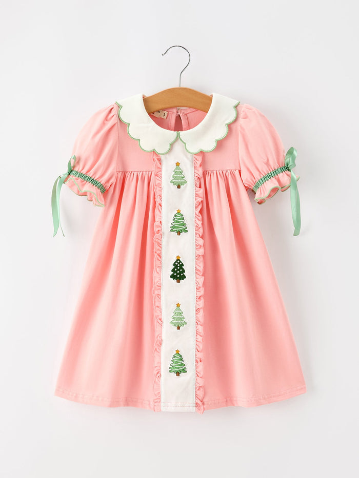 Christmas Tree Embroidered Ruffle Dress