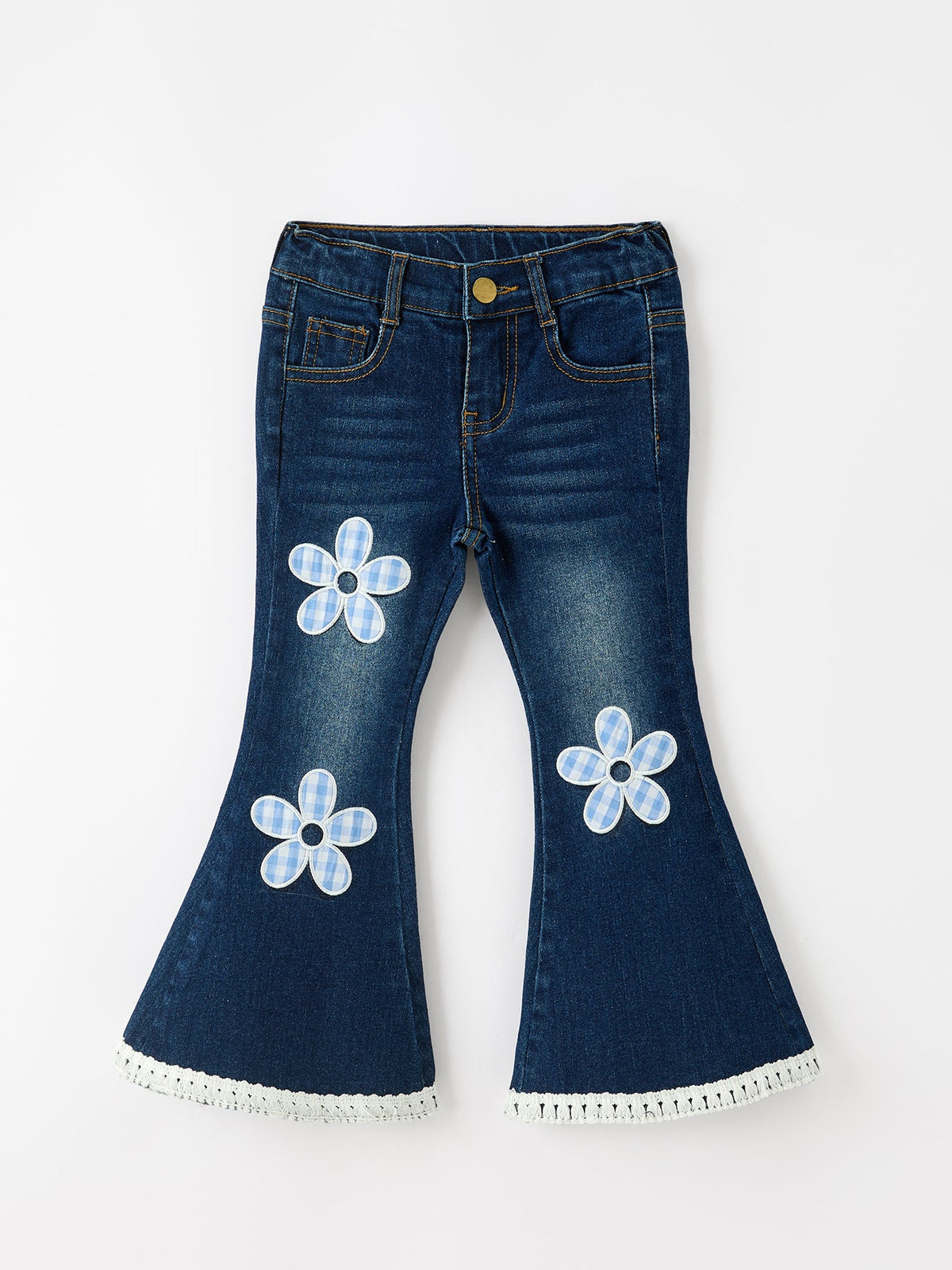Floral Appliqué Denim Bell Bottom Jeans