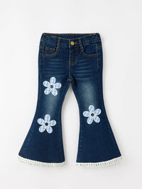 Floral Appliqué Denim Bell Bottom Jeans