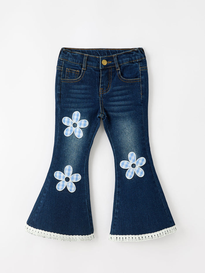 Floral Appliqué Denim Bell Bottom Jeans