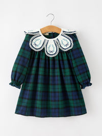 Green & Navy Plaid Embroidered Collar Dress