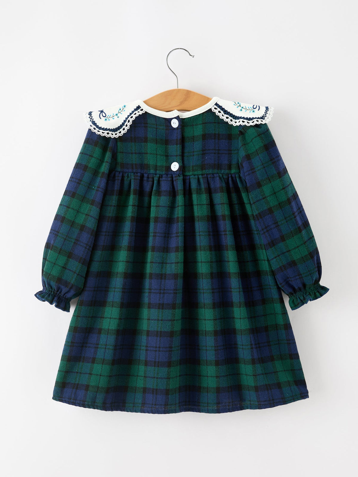 Green & Navy Plaid Embroidered Collar Dress