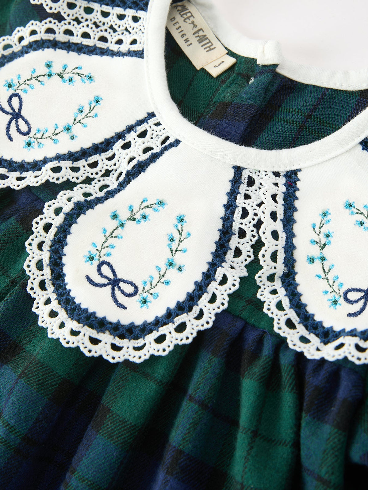 Green & Navy Plaid Embroidered Collar Dress