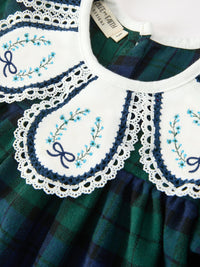Green & Navy Plaid Embroidered Collar Dress