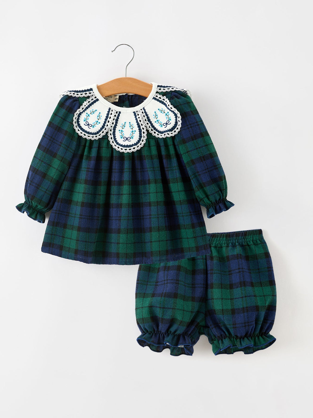 Green & Navy Plaid Embroidered Bloomer Set