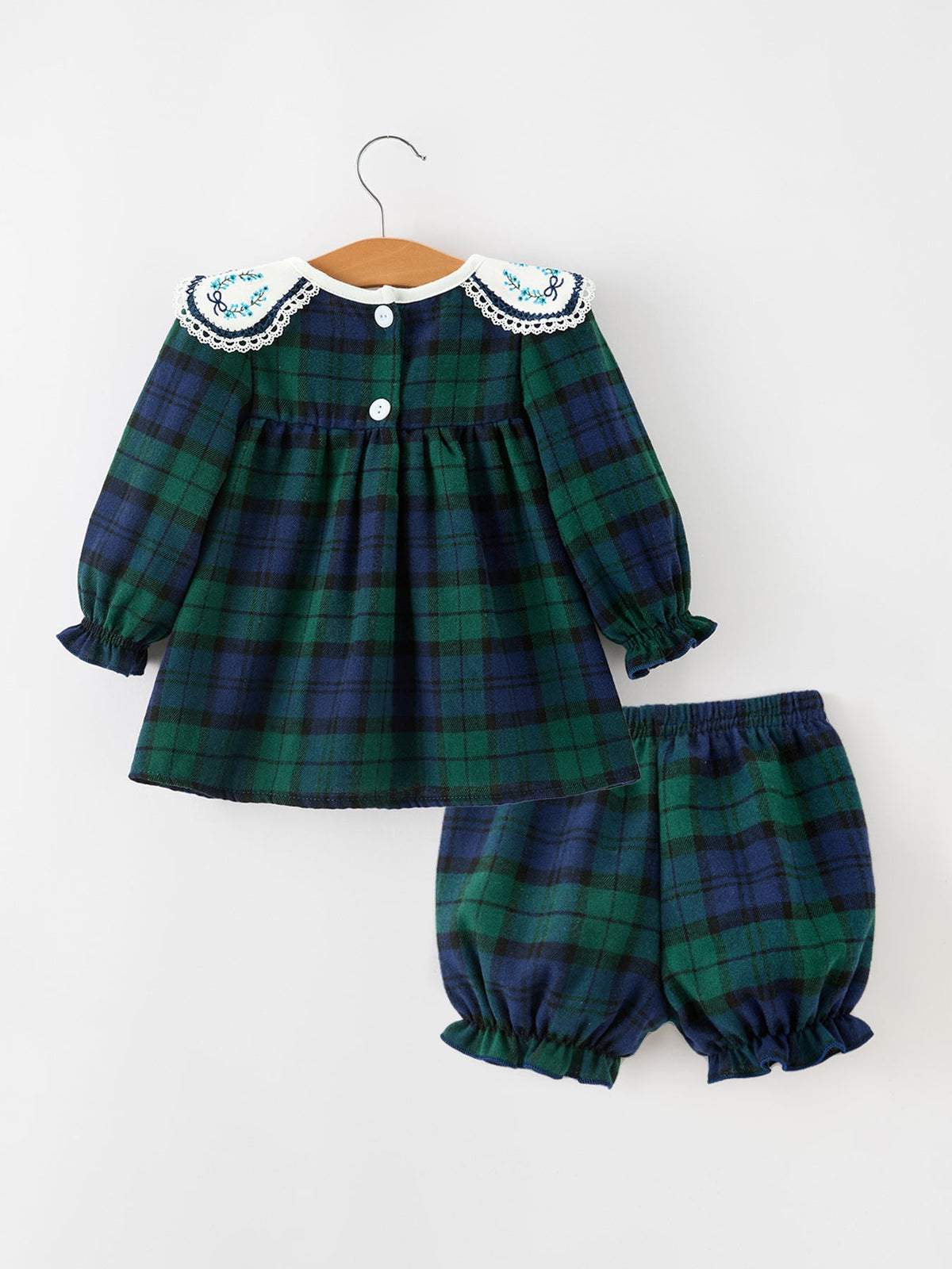 Green & Navy Plaid Embroidered Bloomer Set