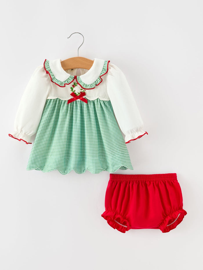 Green Plaid Embroidered Dress Top & Bloomer Set