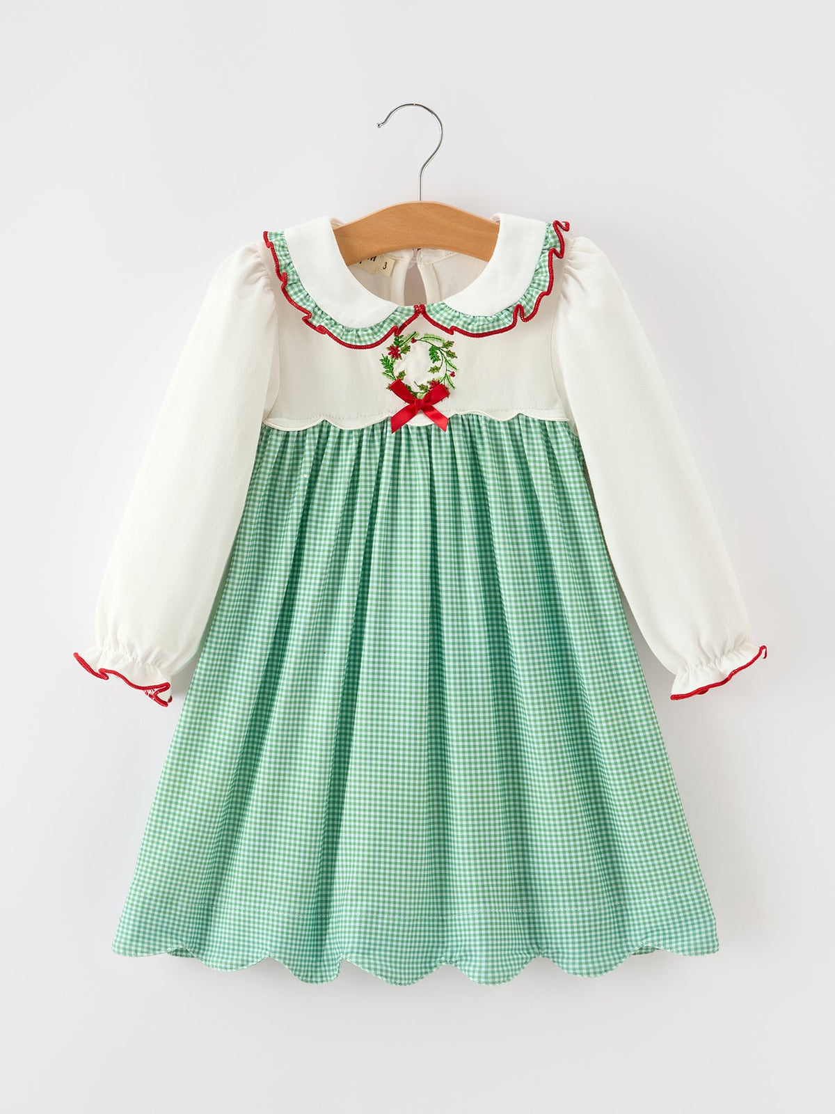 Christmas Green Plaid Embroidered Long Sleeve Dress
