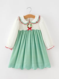 Christmas Green Plaid Embroidered Long Sleeve Dress