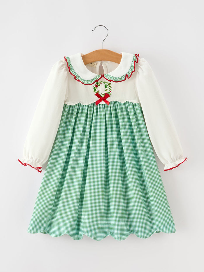 Christmas Green Plaid Embroidered Long Sleeve Dress
