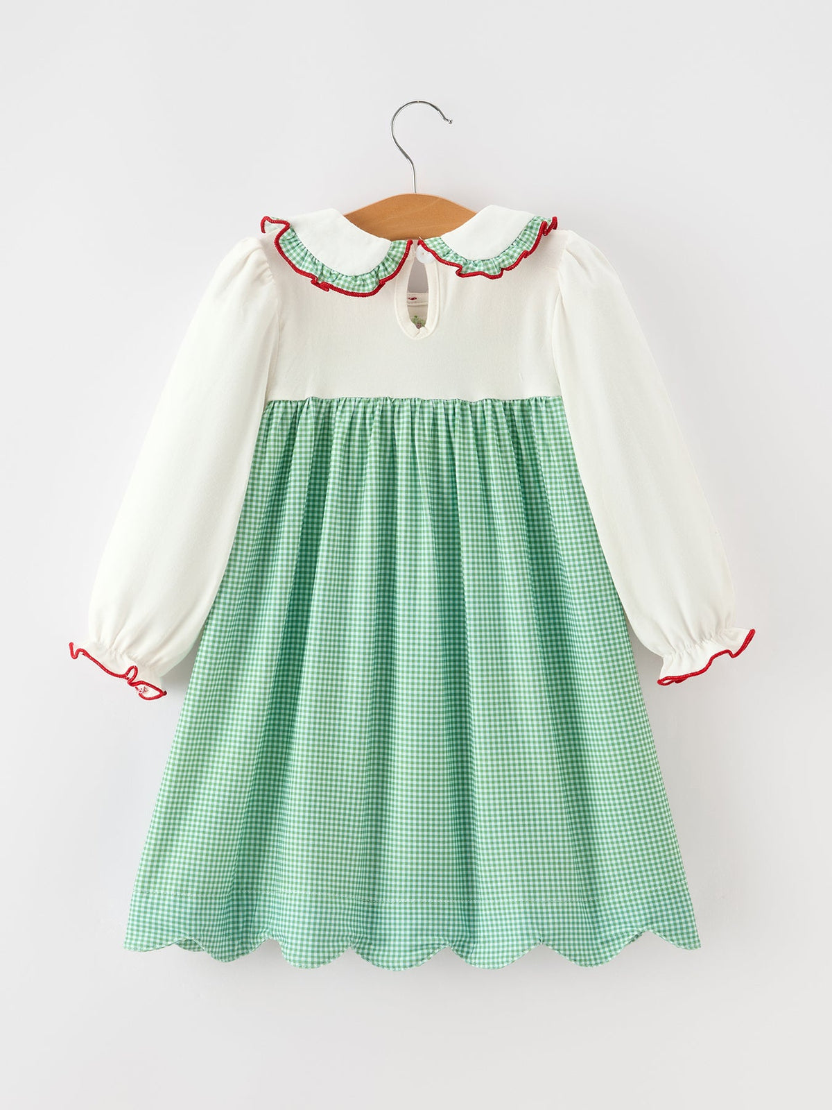 Christmas Green Plaid Embroidered Long Sleeve Dress