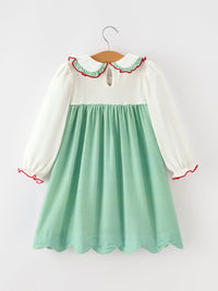 Christmas Green Plaid Embroidered Long Sleeve Dress